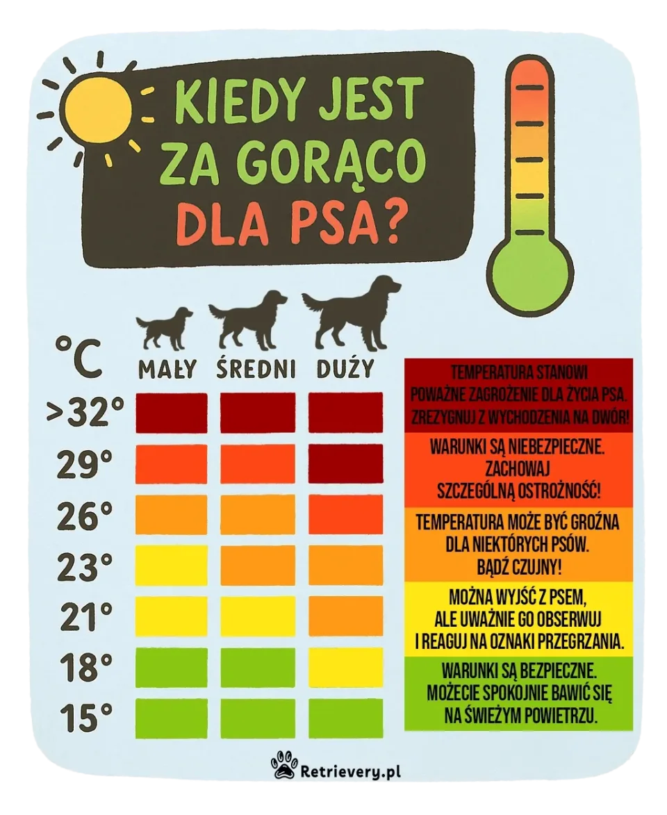 Infografika porównująca ryzyko przegrzania małych, średnich i dużych psów przy różnych temperaturach.